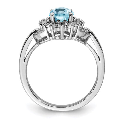 Sterling Silver Rhodium Diamond & Checker Cut Sky Blue Topaz Ring (Size 7 Only)