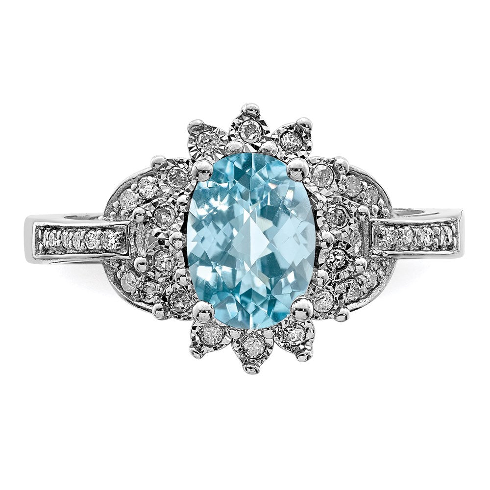 Sterling Silver Rhodium Diamond & Checker Cut Sky Blue Topaz Ring (Size 7 Only)