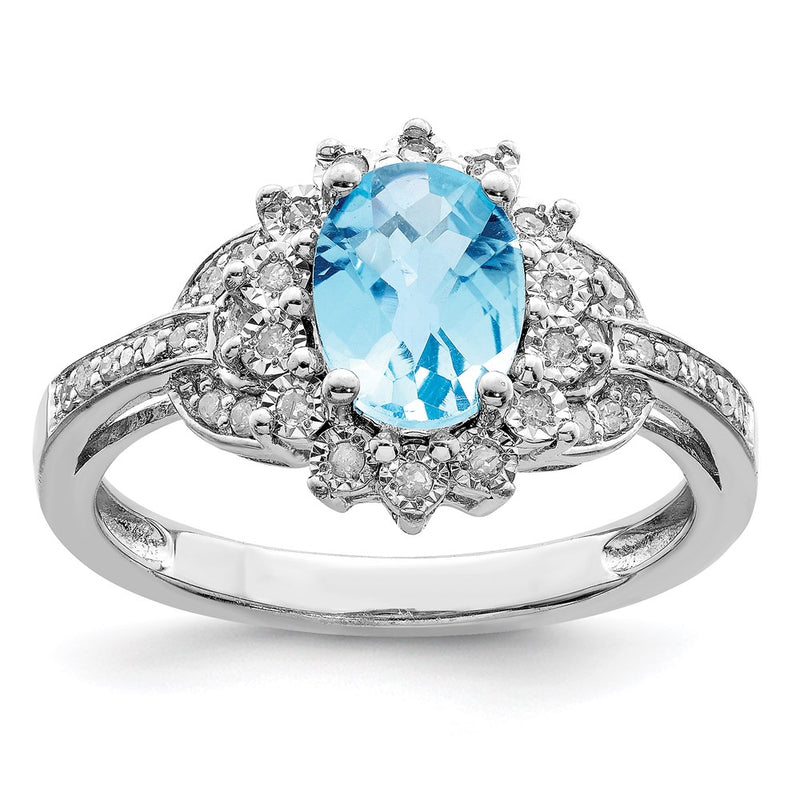 Sterling Silver Rhodium Diamond & Checker Cut Sky Blue Topaz Ring (Size 7 Only)