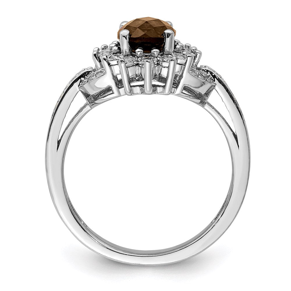 Sterling Silver Rhodium Diamond & Oval Checker Cut Smoky Quartz Ring (Size 7 Only)