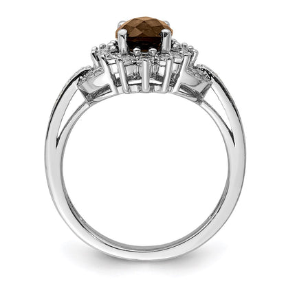 Sterling Silver Rhodium Diamond & Oval Checker Cut Smoky Quartz Ring (Size 7 Only)