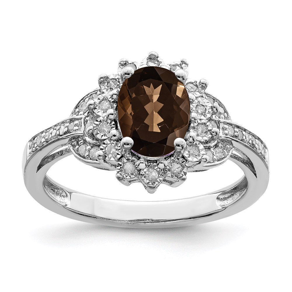 Sterling Silver Rhodium Diamond & Oval Checker Cut Smoky Quartz Ring (Size 7 Only)