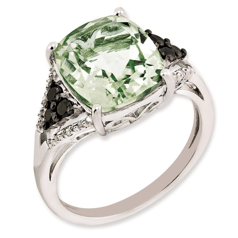 Sterling Silver Rhodium Plated Diamond & Green Quartz Ring (Size 7 Only)