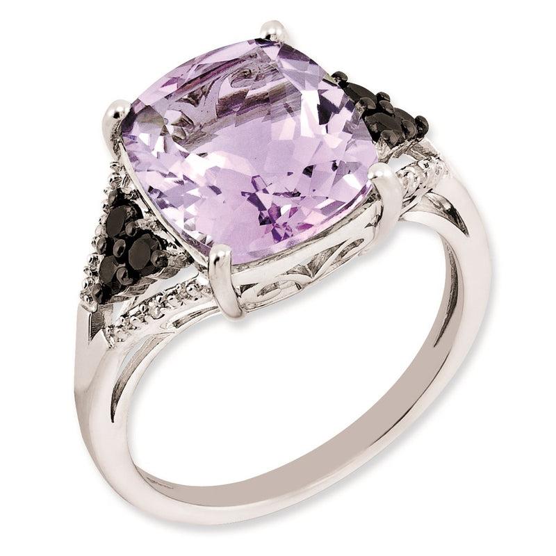 Sterling Silver Rhodium Plated Diamond & Pink Quartz Ring (Size 7 Only)