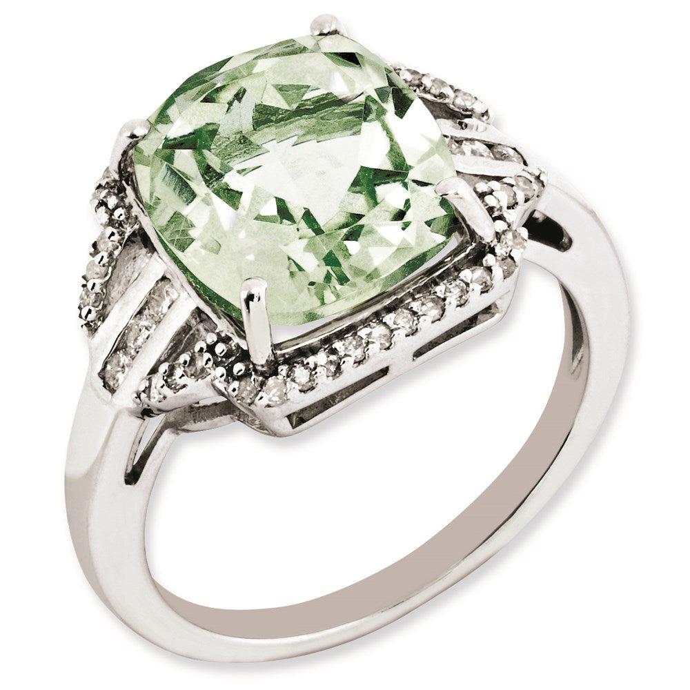 Sterling Silver Rhodium Plated Diamond & Checker Cut Green Quartz Ring