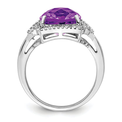 Sterling Silver Rhodium Plated Checker Cut Amethyst & Diamond Ring (Size 7 Only)