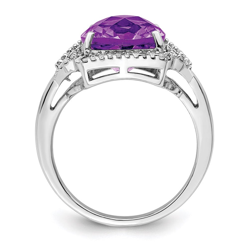 Sterling Silver Rhodium Plated Checker Cut Amethyst & Diamond Ring (Size 7 Only)