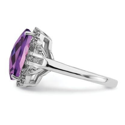 Sterling Silver Rhodium Plated Checker Cut Amethyst & Diamond Ring (Size 7 Only)