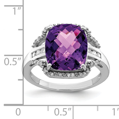 Sterling Silver Rhodium Plated Checker Cut Amethyst & Diamond Ring (Size 7 Only)