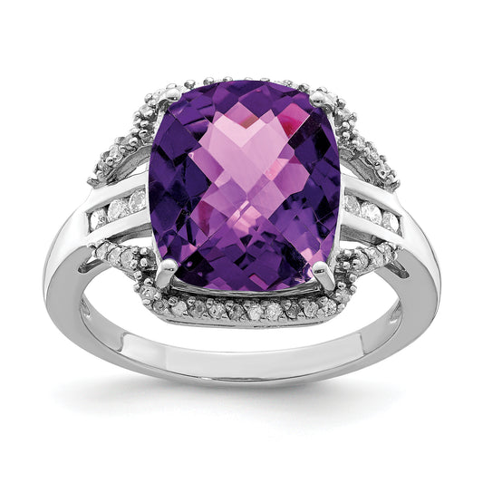 Sterling Silver Rhodium Plated Checker Cut Amethyst & Diamond Ring (Size 7 Only)