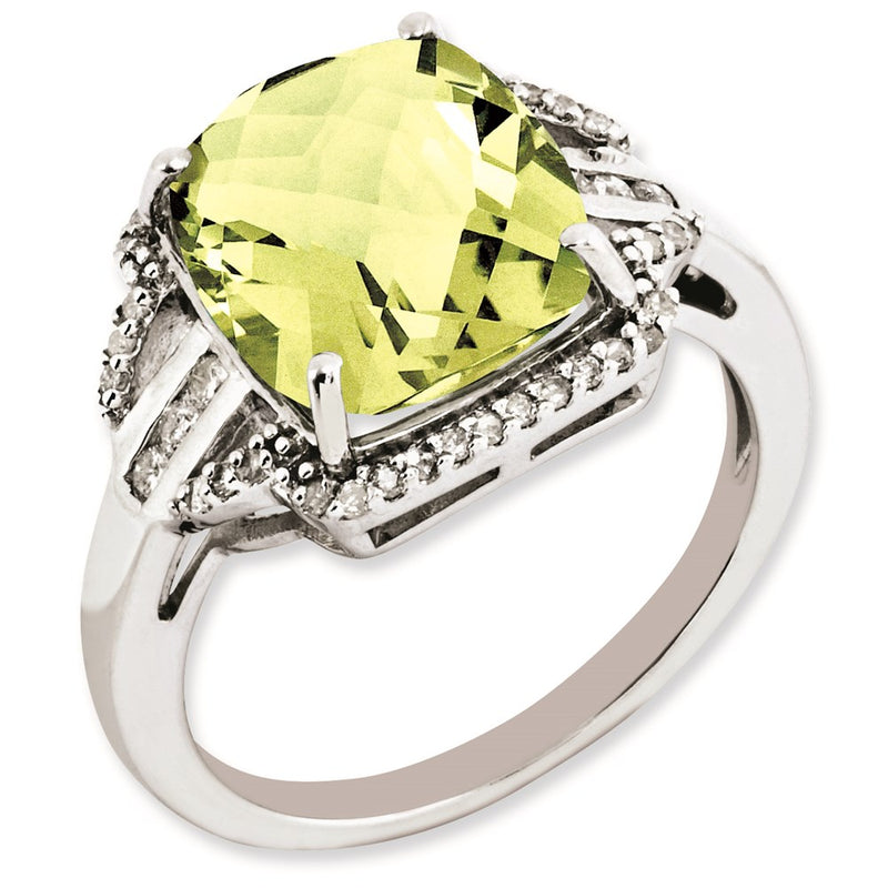 Sterling Silver Rhodium Plated Diamond & Checker Cut Lemon Quartz Ring (Size 7 Only)