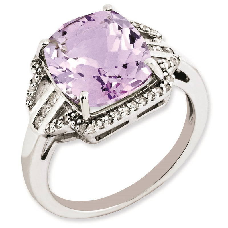 Sterling Silver Rhodium Plated Diamond & Checker Cut Pink Quartz Ring (Size 7 Only)