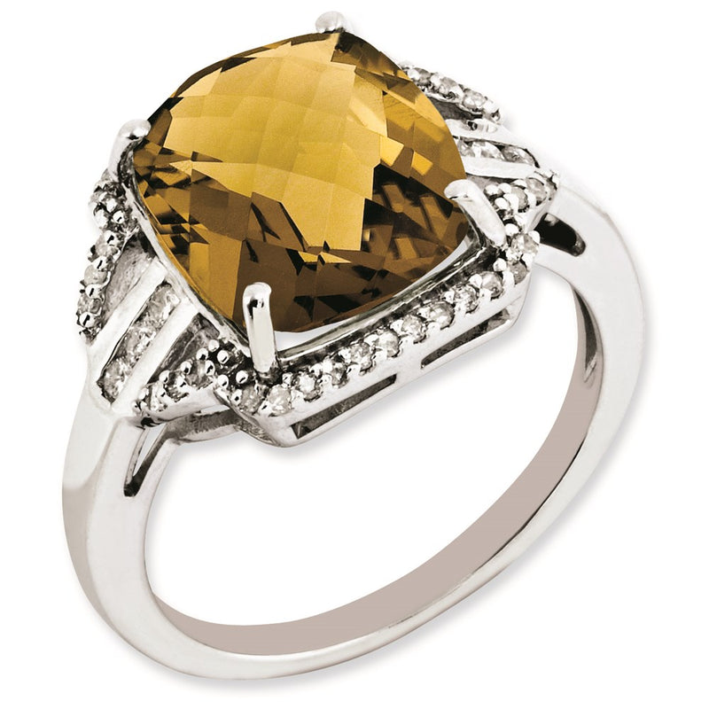 Sterling Silver Rh Plated Diamond & Checker Cut Whiskey Quartz Ring (Size 7 Only)