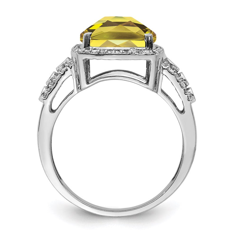 Sterling Silver Rhodium Diamond & Checker Cut Lemon Quartz Ring (Size 7 Only)