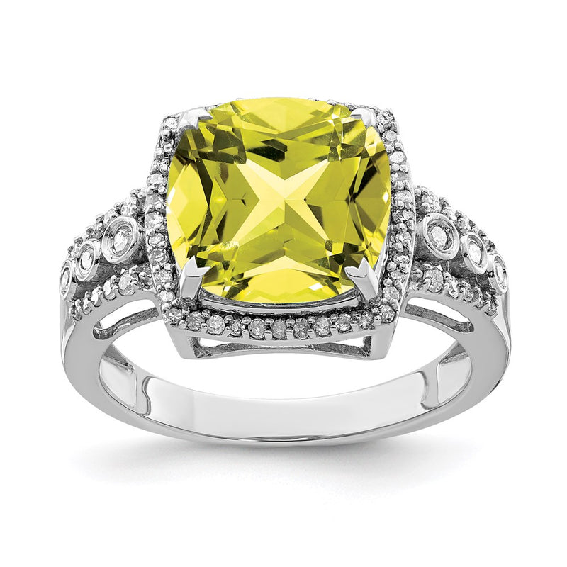 Sterling Silver Rhodium Diamond & Checker Cut Lemon Quartz Ring (Size 7 Only)