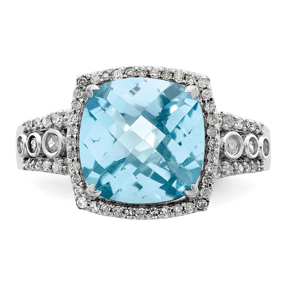 Sterling Silver Rhodium Diamond & Checker Cut Sky Blue Topaz Ring (Size 7 Only)