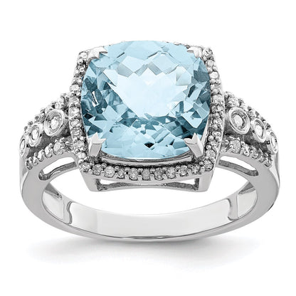 Sterling Silver Rhodium Diamond & Checker Cut Sky Blue Topaz Ring (Size 7 Only)