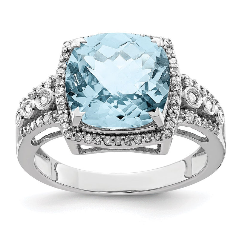 Sterling Silver Rhodium Diamond & Checker Cut Sky Blue Topaz Ring (Size 7 Only)