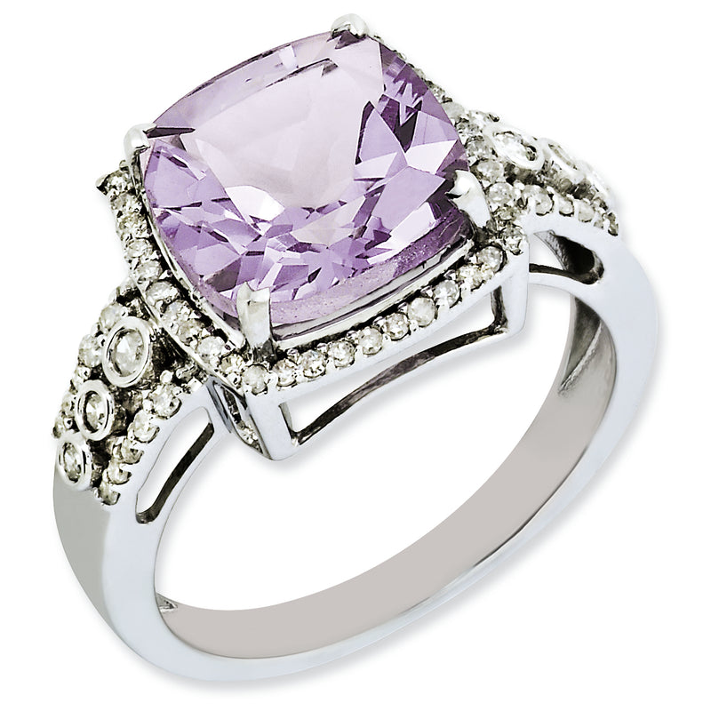 Sterling Silver Rhodium Plated Diamond & Checker Cut Pink Quartz Ring