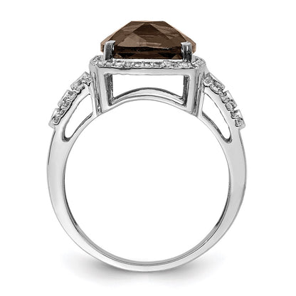 Sterling Silver Rhodium Diamond & Checker Cut Smoky Quartz Ring (Size 7 Only)