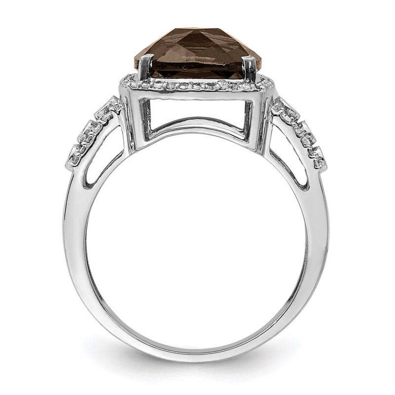 Sterling Silver Rhodium Diamond & Checker Cut Smoky Quartz Ring (Size 7 Only)