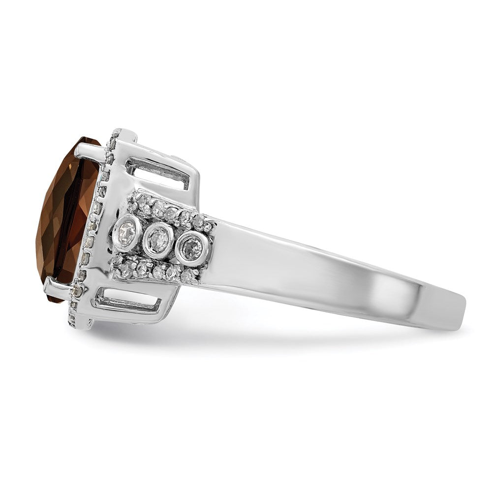 Sterling Silver Rhodium Diamond & Checker Cut Smoky Quartz Ring (Size 7 Only)