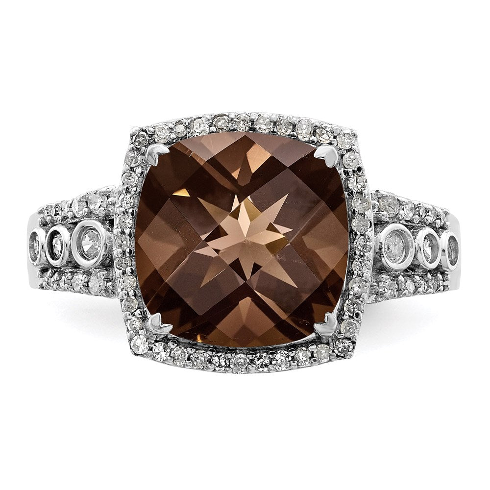 Sterling Silver Rhodium Diamond & Checker Cut Smoky Quartz Ring (Size 7 Only)