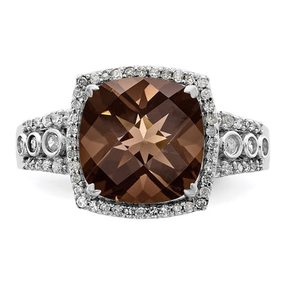 Sterling Silver Rhodium Diamond & Checker Cut Smoky Quartz Ring (Size 7 Only)