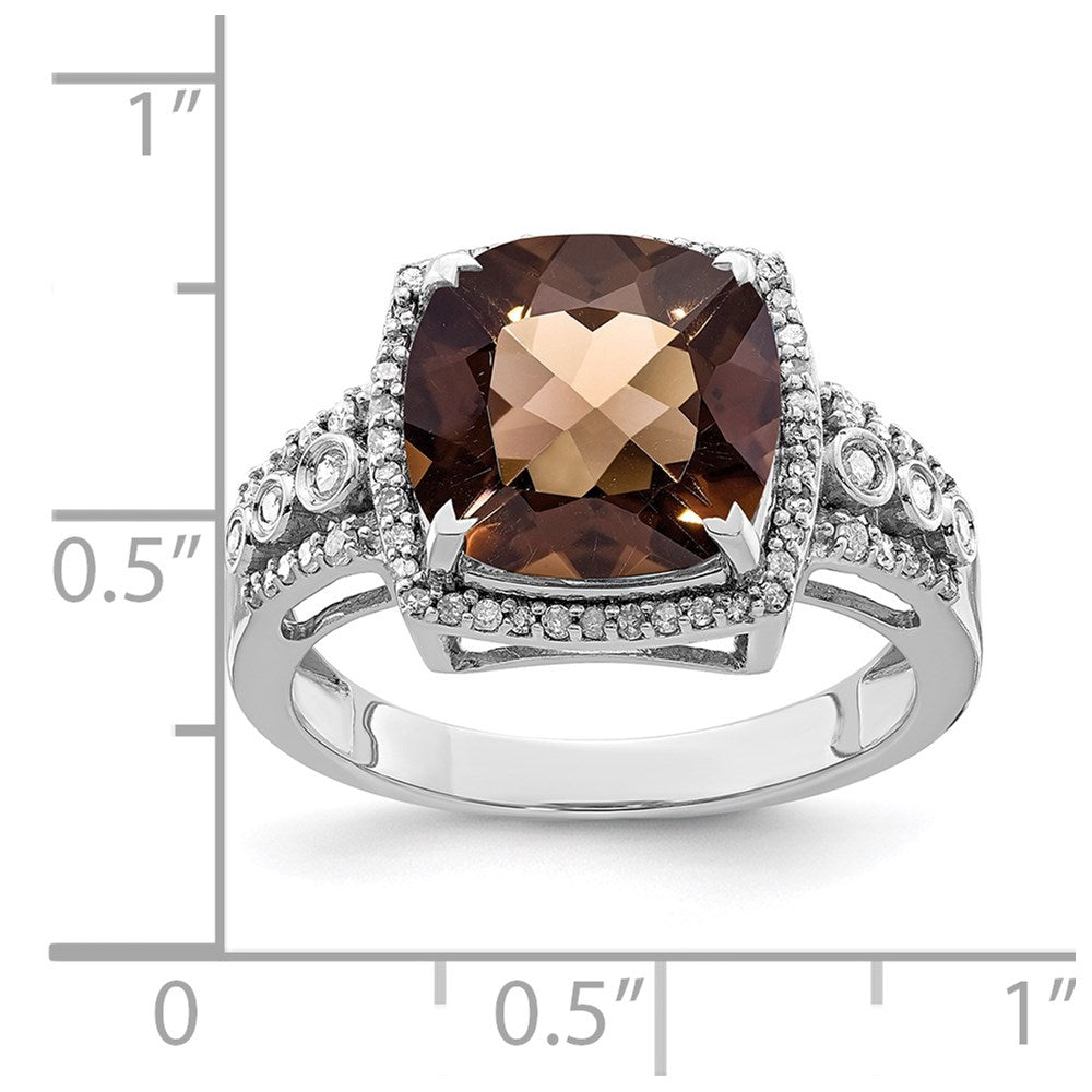 Sterling Silver Rhodium Diamond & Checker Cut Smoky Quartz Ring (Size 7 Only)