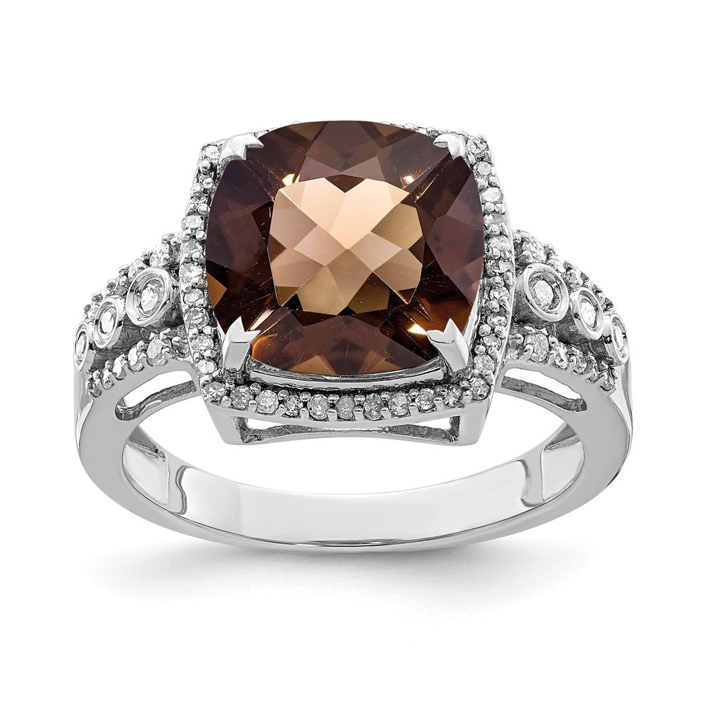 Sterling Silver Rhodium Diamond & Checker Cut Smoky Quartz Ring (Size 7 Only)