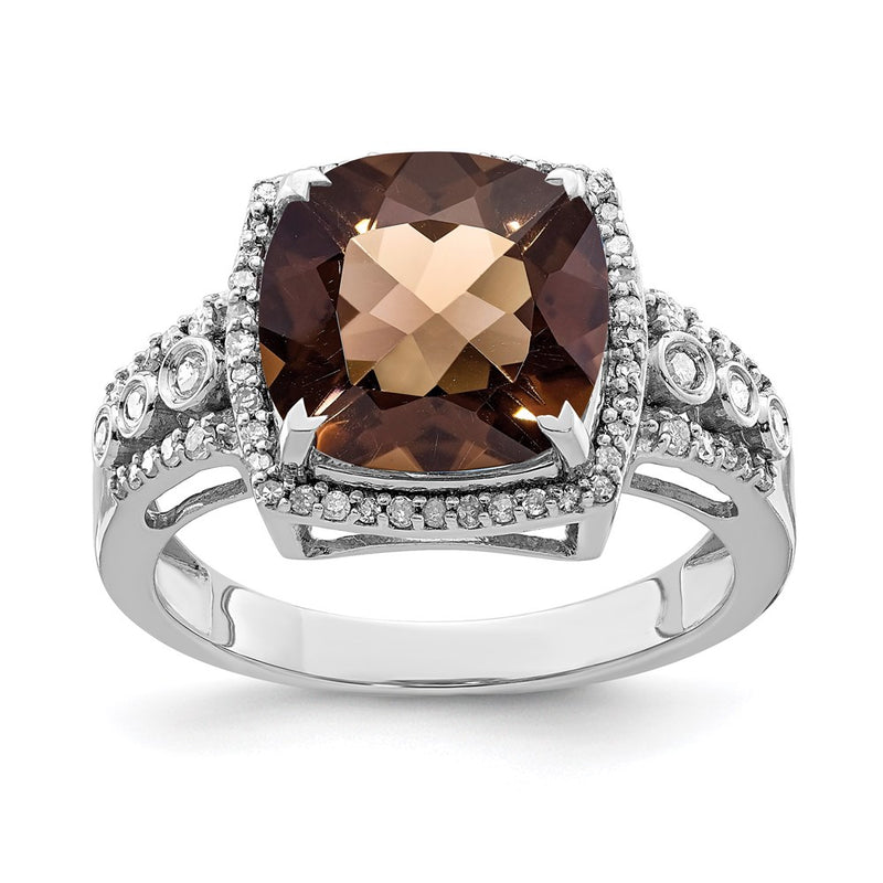 Sterling Silver Rhodium Diamond & Checker Cut Smoky Quartz Ring (Size 7 Only)