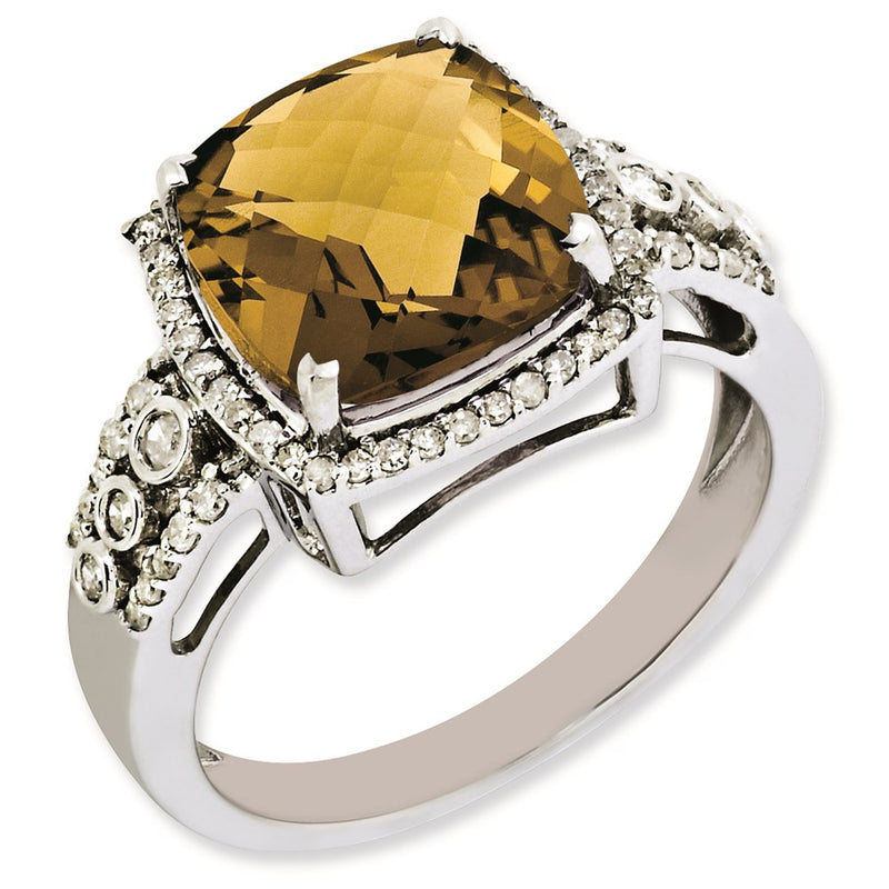 Sterling Silver Rh Plated Diamond & Checker Cut Whiskey Quartz Ring (Size 7 Only)