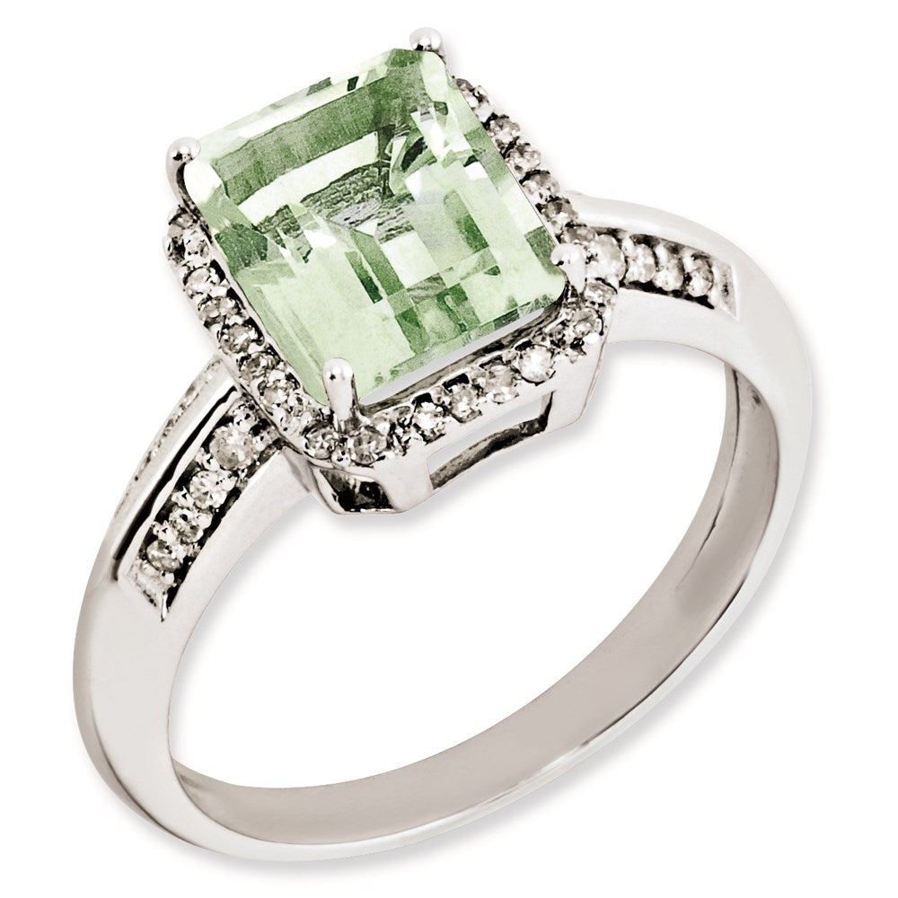 Sterling Silver Rhodium Plated Diamond & Green Quartz Ring