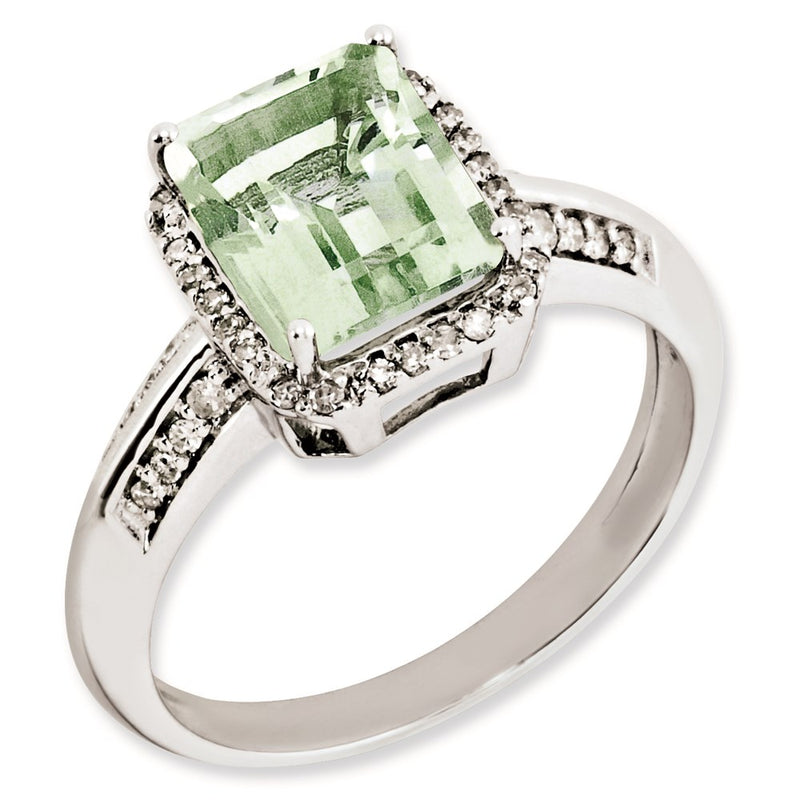 Sterling Silver Rhodium Plated Diamond & Green Quartz Ring