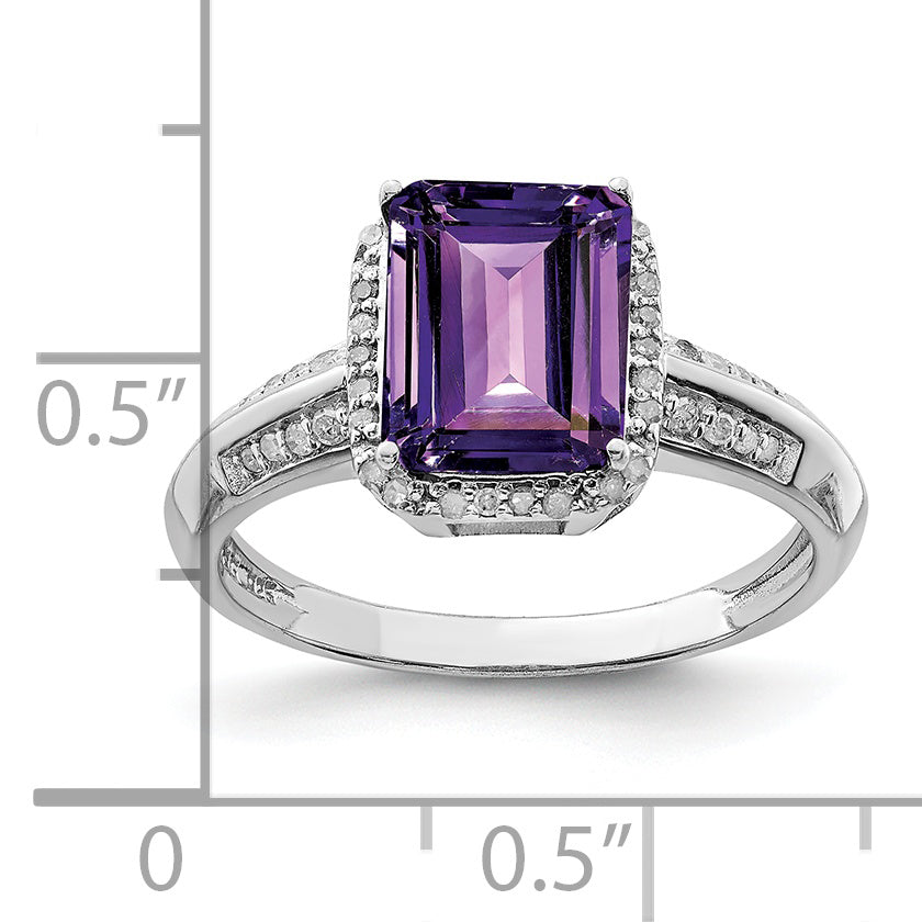 Sterling Silver Rhodium Plated Amethyst & Diamond Ring