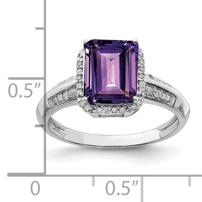 Sterling Silver Rhodium Plated Amethyst & Diamond Ring
