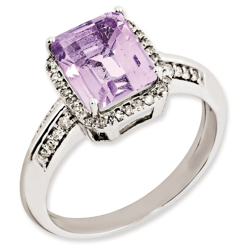 Sterling Silver Rhodium Plated Diamond & Pink Quartz Ring