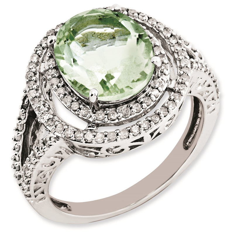 Sterling Silver Rhodium Plated Oval Diamond & Green Quartz Ring (Size 7 Only)