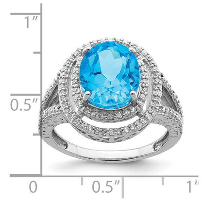 Sterling Silver Rhodium Blue Topaz & Diamond Ring