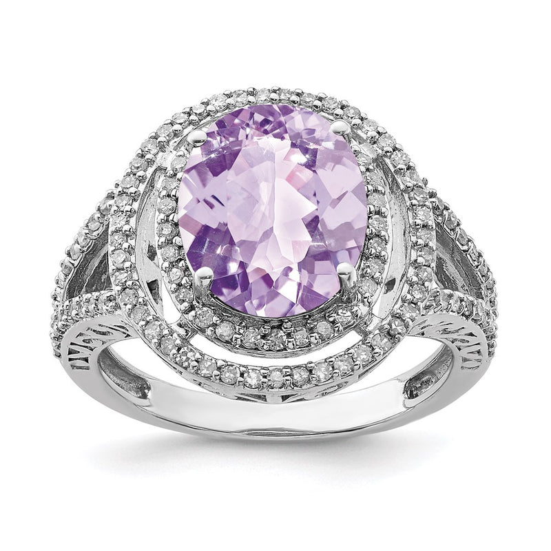 Sterling Silver Rhodium Oval Diamond & Pink Quartz Ring (Size 7 Only)