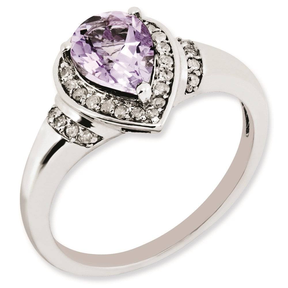 Sterling Silver Rhodium Plated Diamond & Pink Quartz Ring