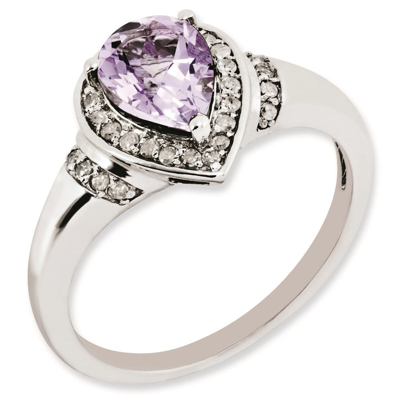 Sterling Silver Rhodium Plated Diamond & Pink Quartz Ring