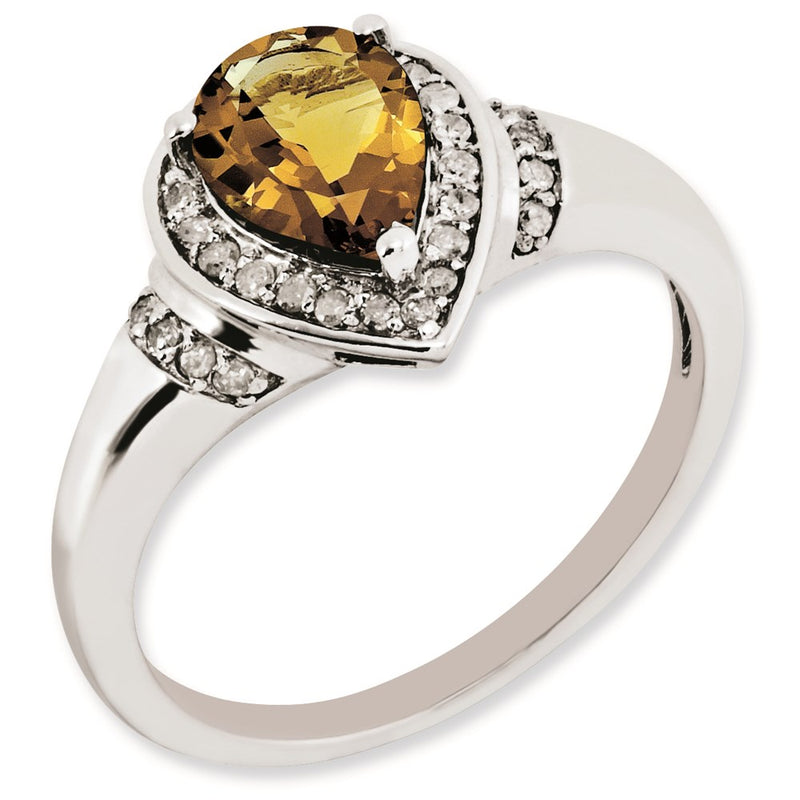 Sterling Silver Rhodium Plated Diamond & Whiskey Quartz Ring (Size 7 Only)