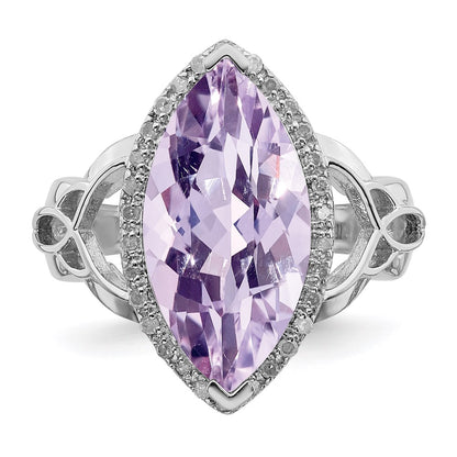 Sterling Silver Rhodium Diamond & Pink Quartz Ring (Size 7 Only)