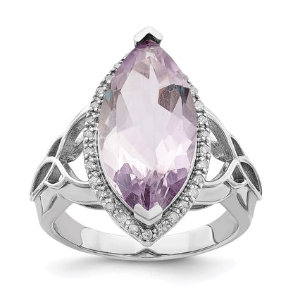 Sterling Silver Rhodium Diamond & Pink Quartz Ring (Size 7 Only)
