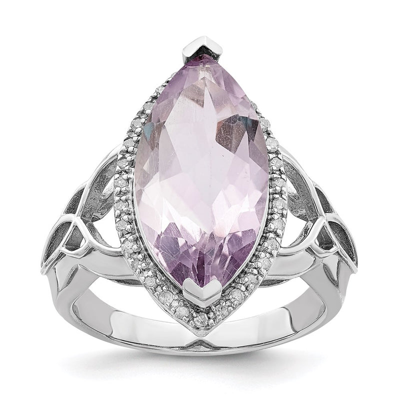 Sterling Silver Rhodium Diamond & Pink Quartz Ring (Size 7 Only)