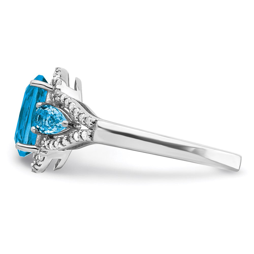 Sterling Silver Rhodium Oval Blue Topaz & Diamond Ring (Size 7 Only)