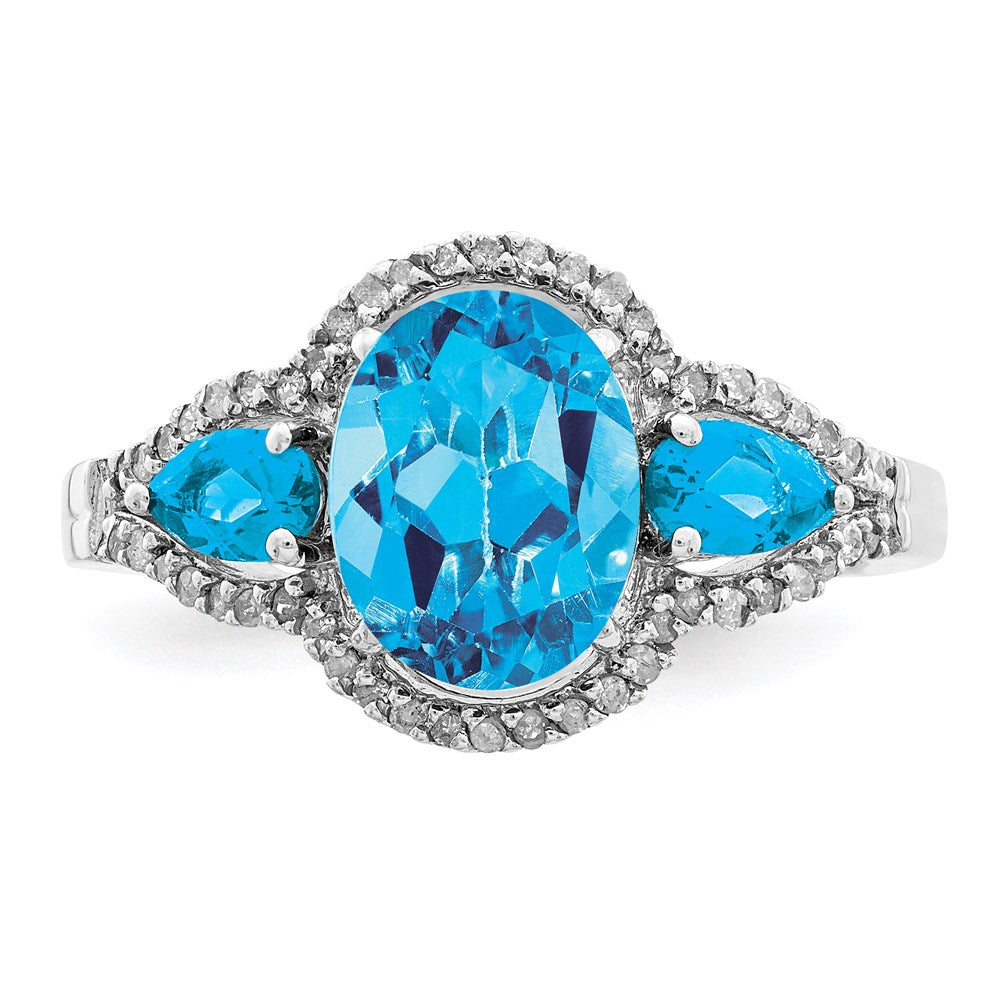 Sterling Silver Rhodium Oval Blue Topaz & Diamond Ring (Size 7 Only)