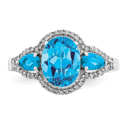 Sterling Silver Rhodium Oval Blue Topaz & Diamond Ring (Size 7 Only)