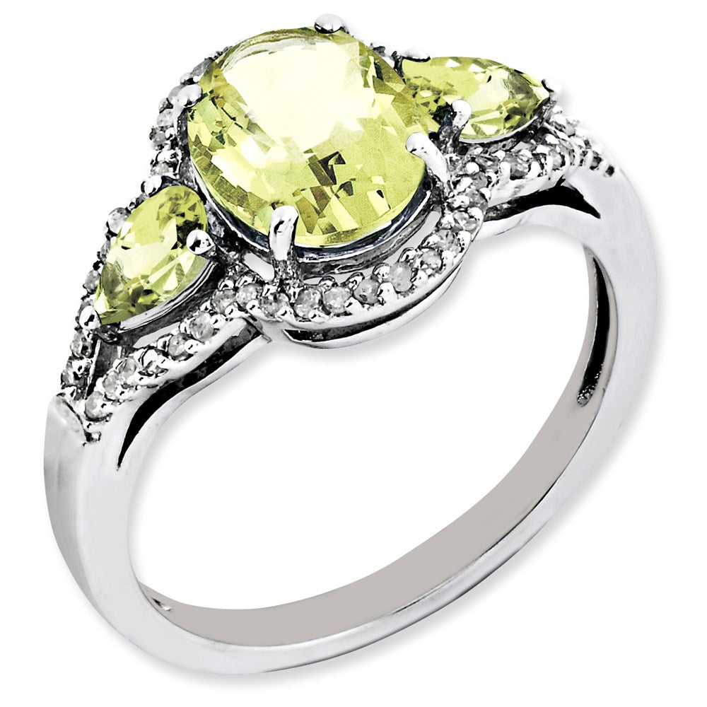 Sterling Silver Rhodium Plated Oval Diamond & Lemon Quartz Ring (Size 7 Only)